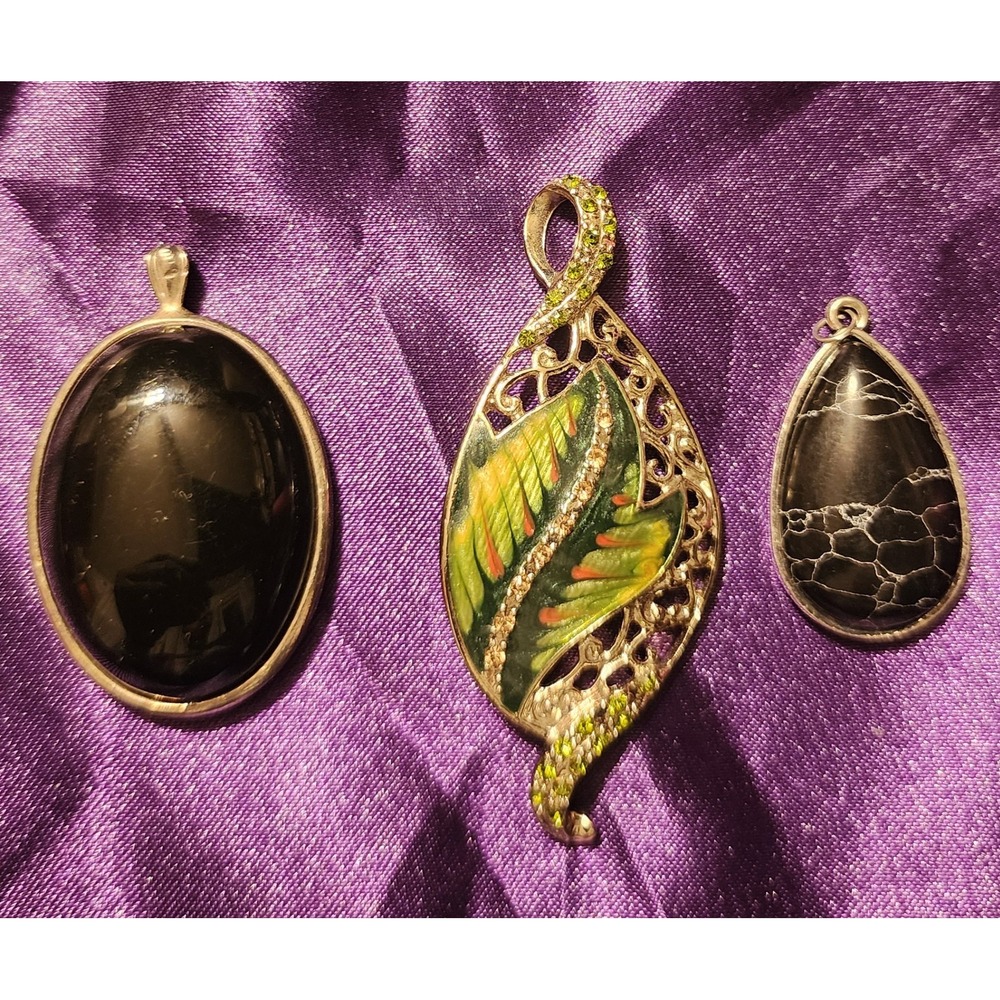 Lot of 3 Statement Pendants Black Stone Oval Teardrop Green Enamel Leaf